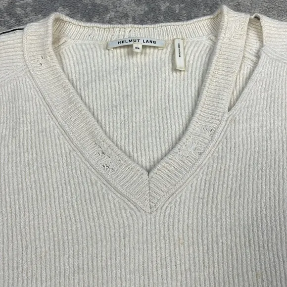 Helmut Lang Distressed V Neck Sweater Cut Out Rib Knit Off White Sz XS