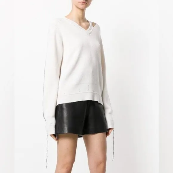 Helmut Lang Distressed V Neck Sweater Cut Out Rib Knit Off White Sz XS