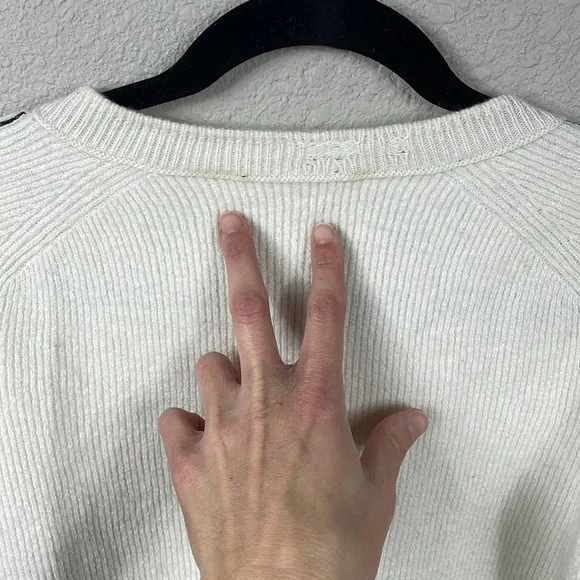 Helmut Lang Distressed V Neck Sweater Cut Out Rib Knit Off White Sz XS
