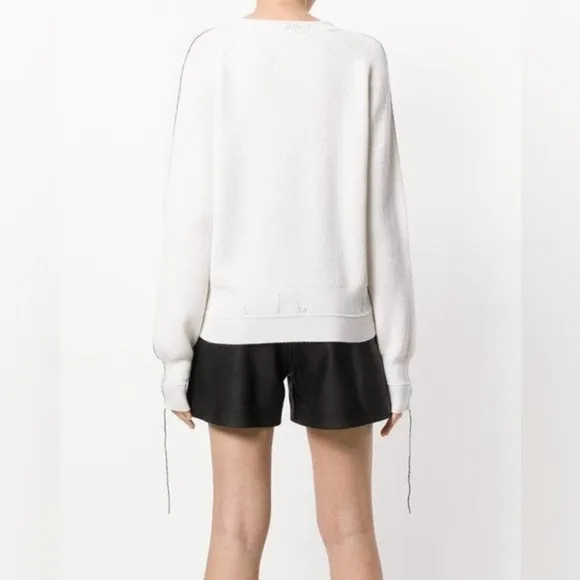 Helmut Lang Distressed V Neck Sweater Cut Out Rib Knit Off White Sz XS