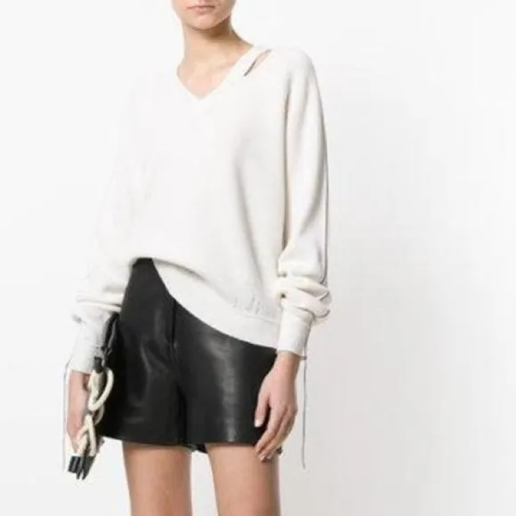 Helmut Lang Distressed V Neck Sweater Cut Out Rib Knit Off White Sz XS
