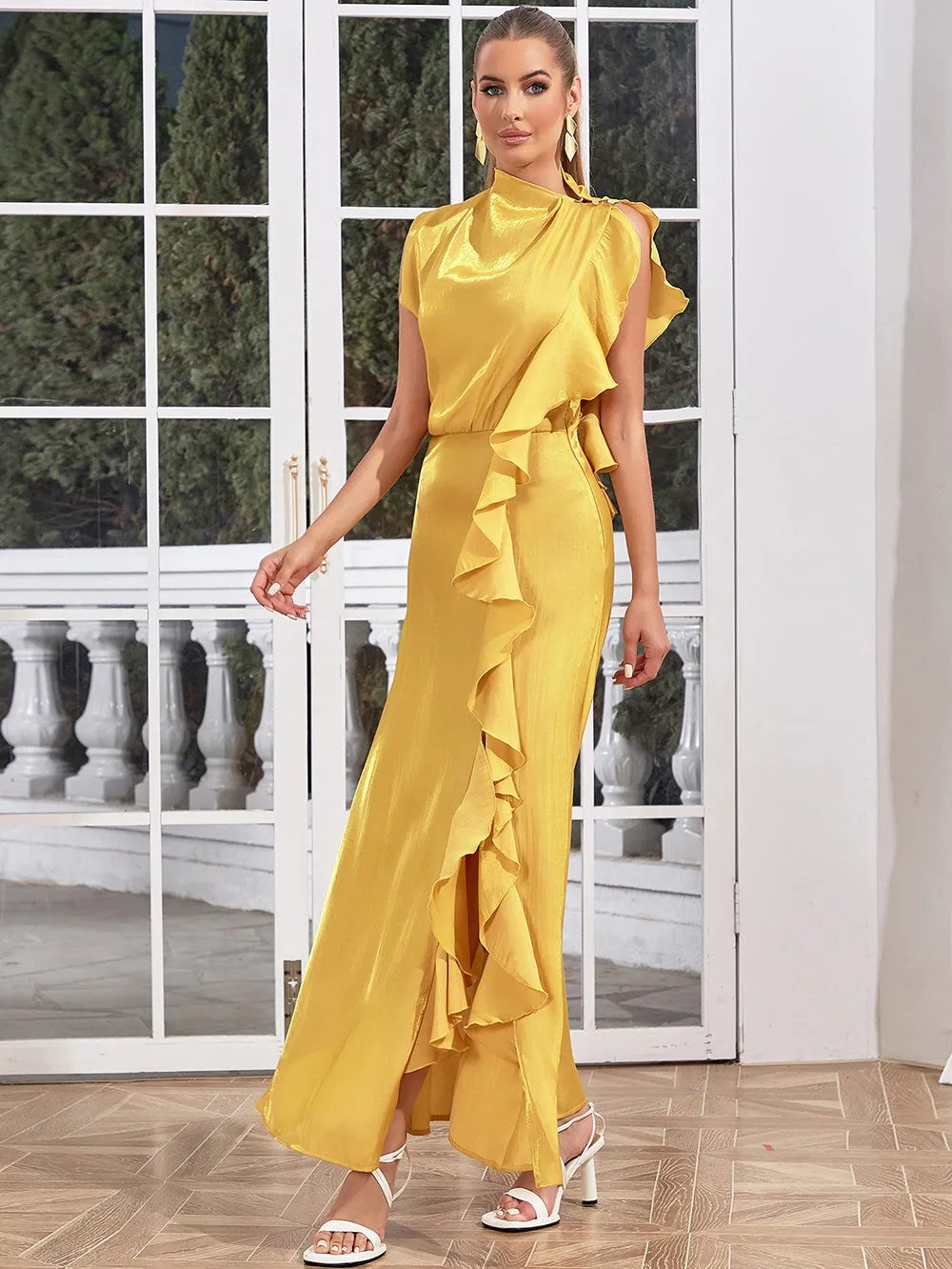 High Neck Sleeveless Frill Maxi Bodycon Dress HB0255