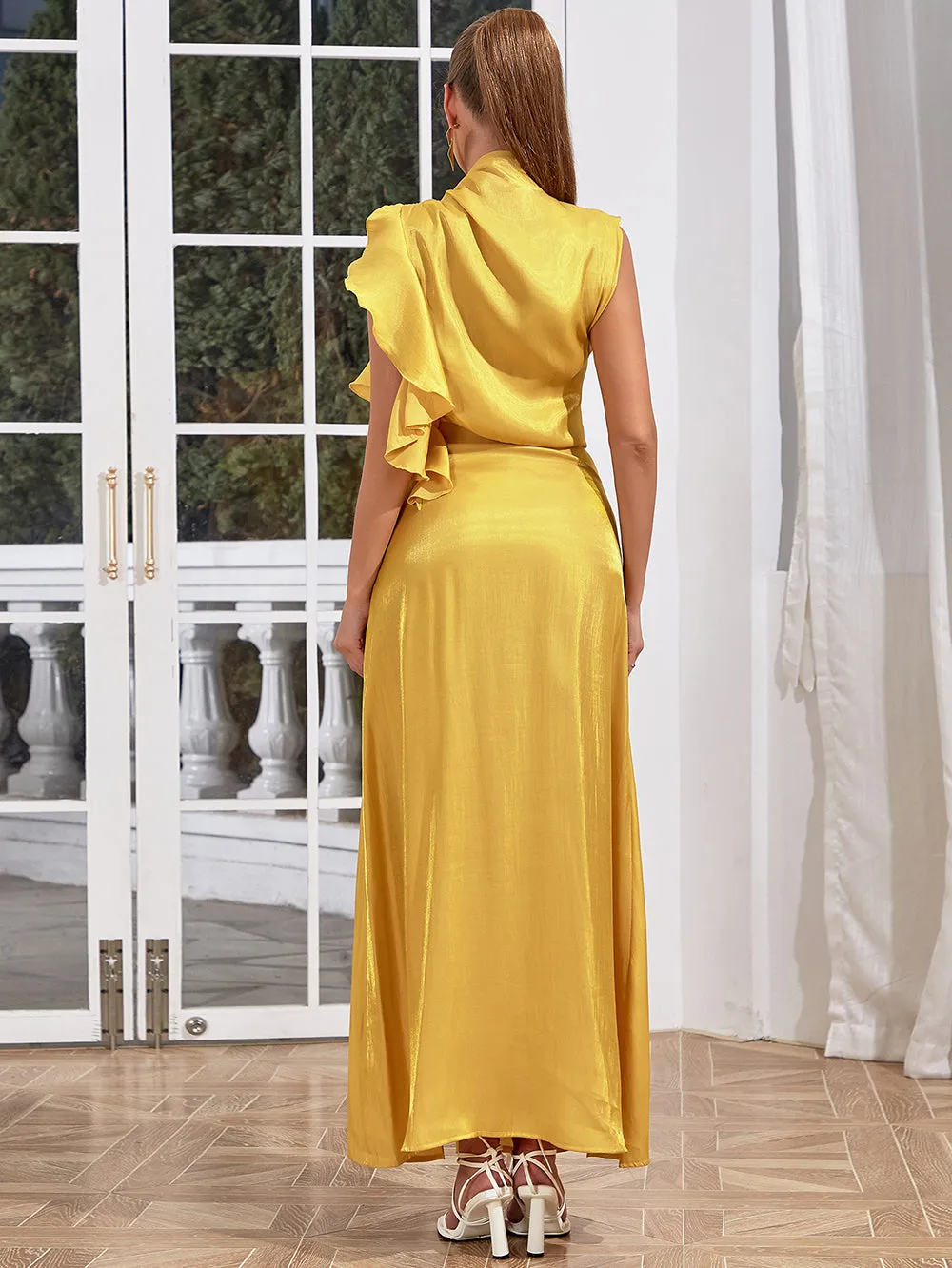 High Neck Sleeveless Frill Maxi Bodycon Dress HB0255