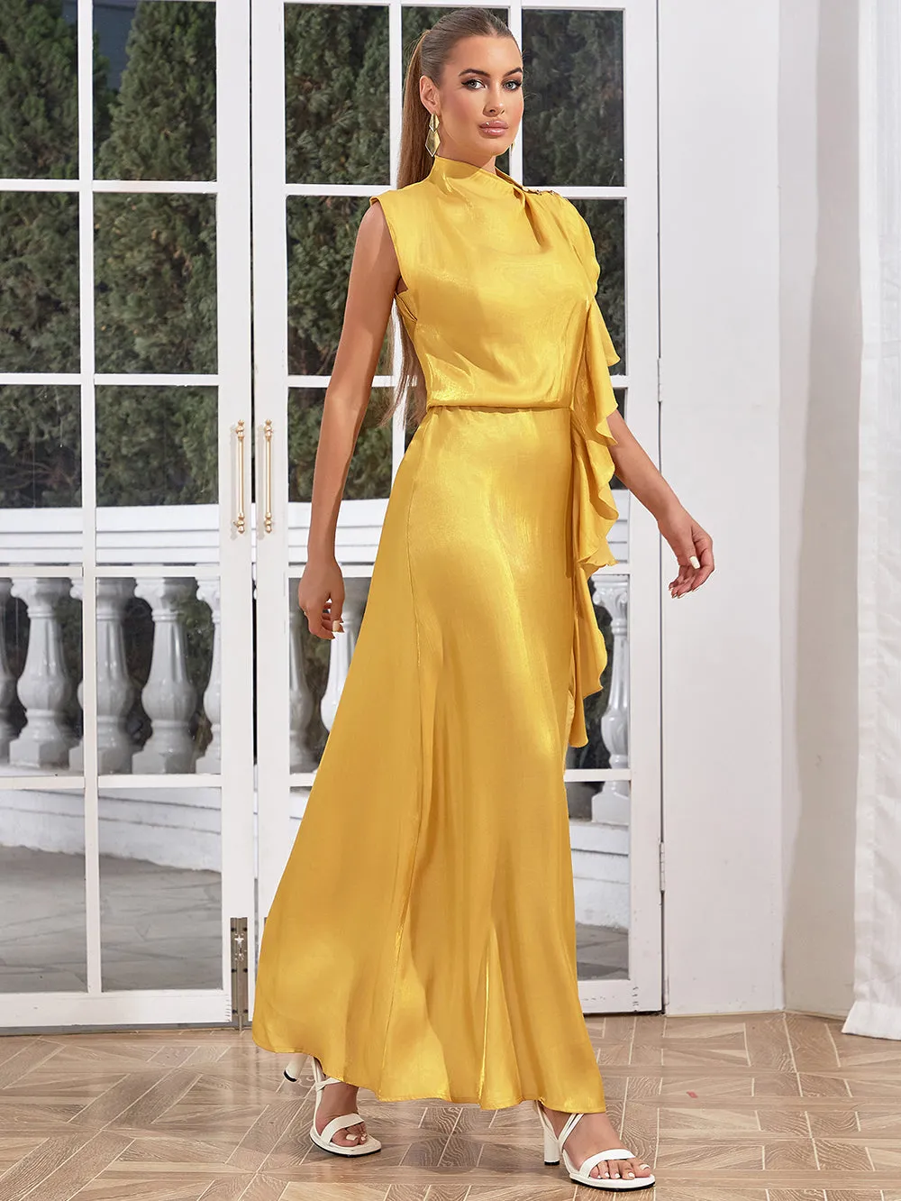 High Neck Sleeveless Frill Maxi Bodycon Dress HB0255