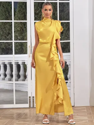 High Neck Sleeveless Frill Maxi Bodycon Dress HB0255