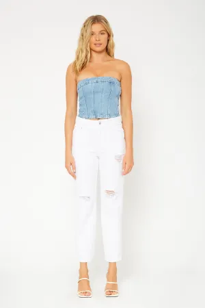 High-rise white mom fit jeans