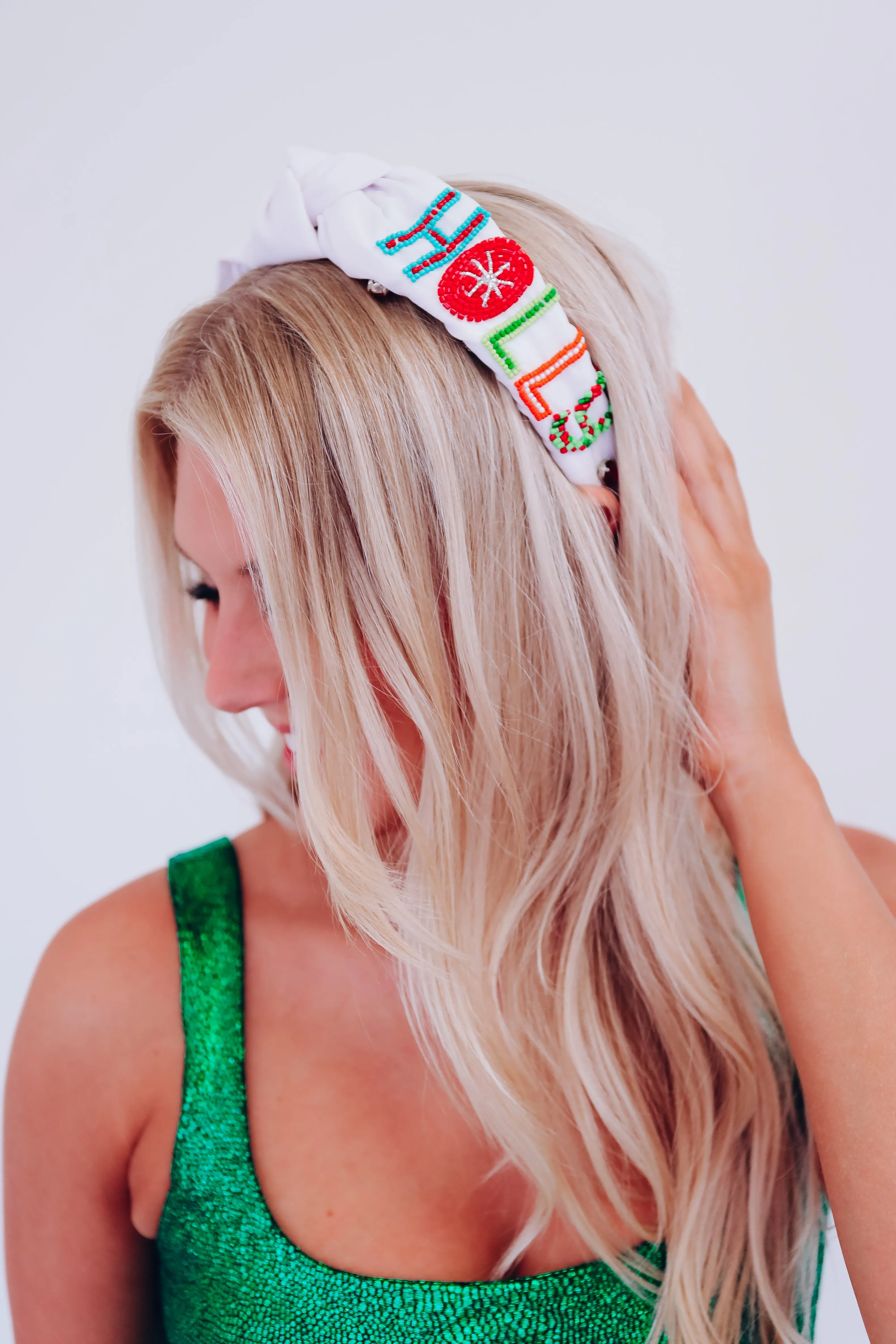 Holiday Holly Jolly Knotted Headband - White