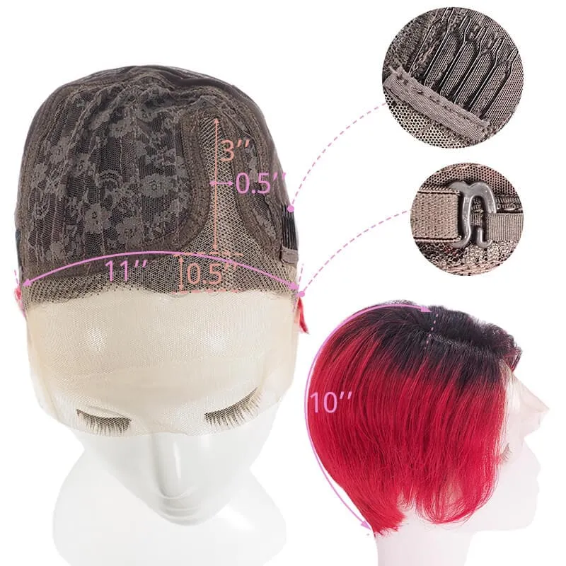 Human Hair Short Pixie Cut Lace Front Side Parted Layered Bob Wig Black Ombre Burgundy