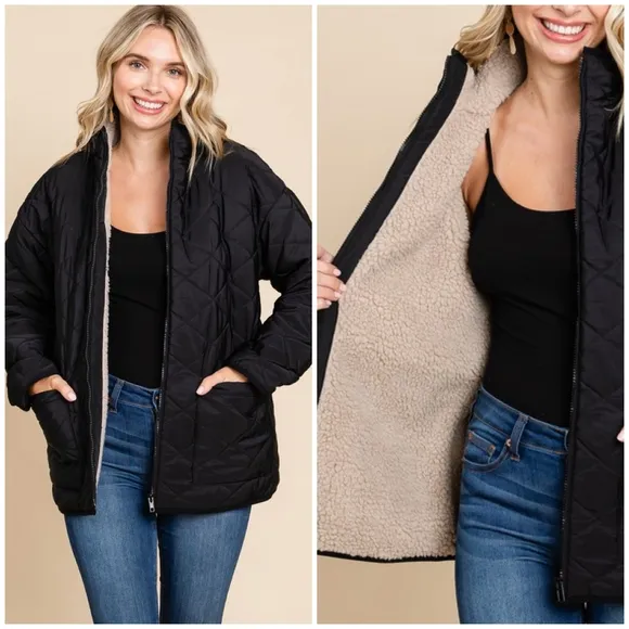 JODIFL Black Sherpa Lined Quilted Jacket