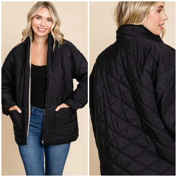 JODIFL Black Sherpa Lined Quilted Jacket