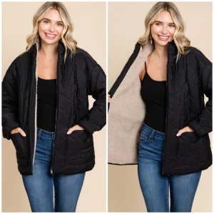 JODIFL Black Sherpa Lined Quilted Jacket