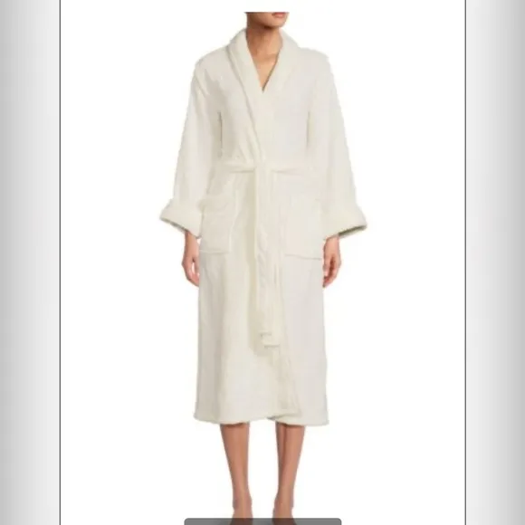 Jose Natori Cozy Plush Ivory White Belted  Robe M