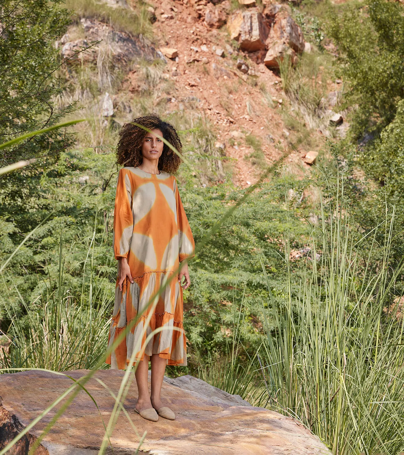 Khara Kapas Soul Of Her Existence Dress 100% Cotton  Orange and Green KW684
