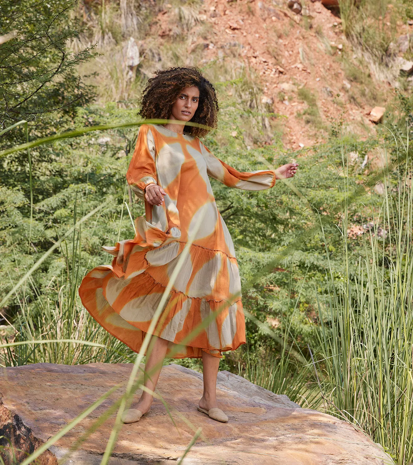 Khara Kapas Soul Of Her Existence Dress 100% Cotton  Orange and Green KW684