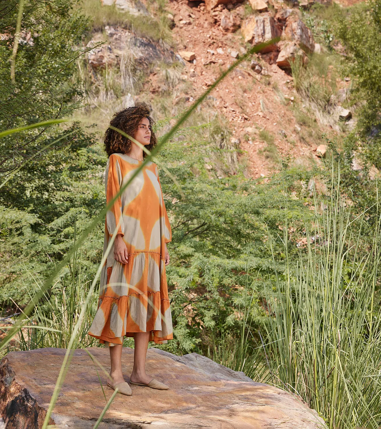 Khara Kapas Soul Of Her Existence Dress 100% Cotton  Orange and Green KW684