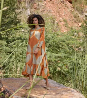 Khara Kapas Soul Of Her Existence Dress 100% Cotton  Orange and Green KW684