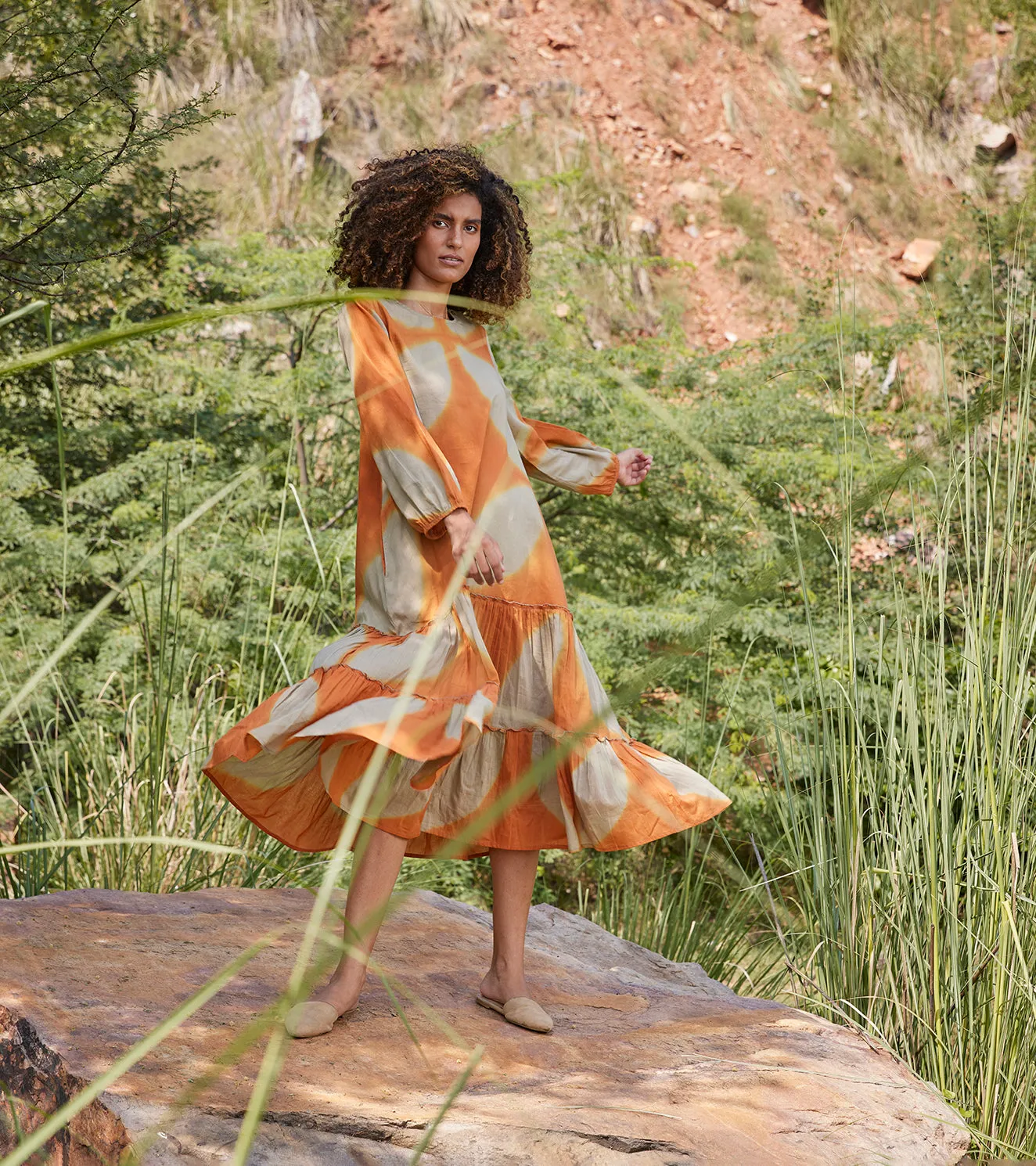 Khara Kapas Soul Of Her Existence Dress 100% Cotton  Orange and Green KW684