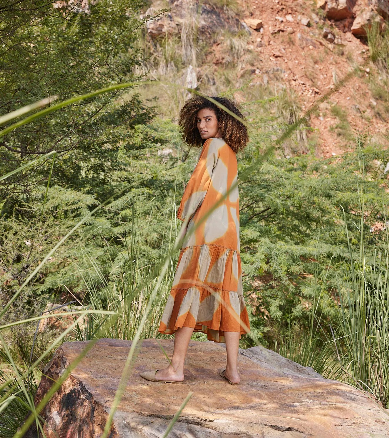 Khara Kapas Soul Of Her Existence Dress 100% Cotton  Orange and Green KW684