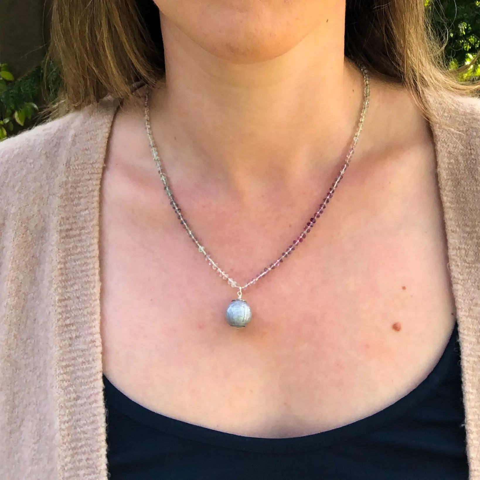 Knotted Fluorite Necklace with Handmade Paper Bead Pendant