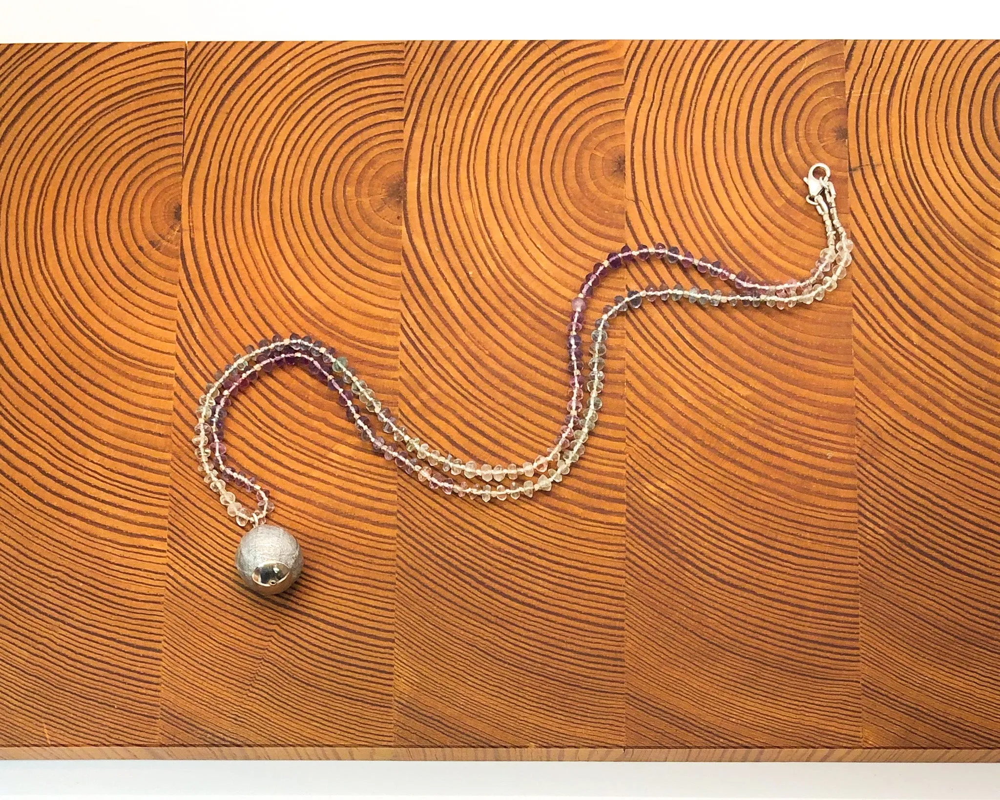 Knotted Fluorite Necklace with Handmade Paper Bead Pendant