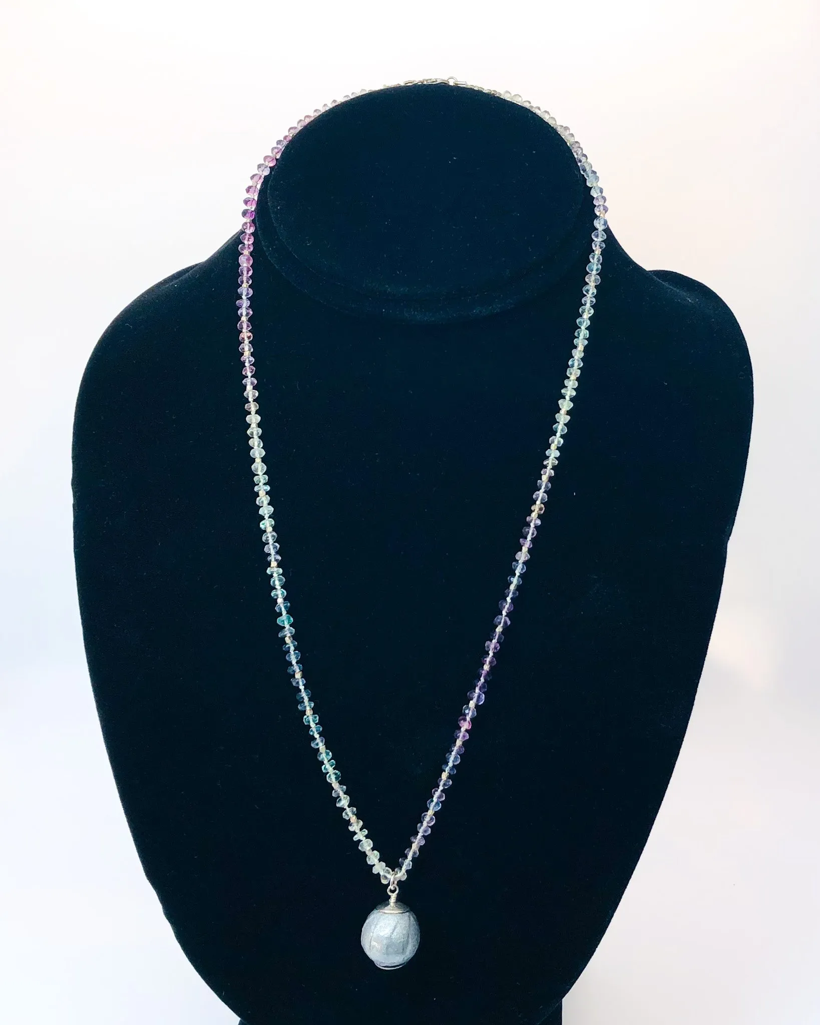 Knotted Fluorite Necklace with Handmade Paper Bead Pendant