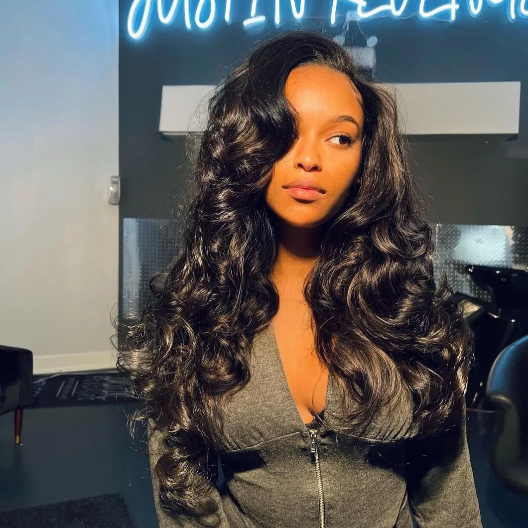 Layered Cut 5x5 Closure Wavy Glueless Lace Wig Side Bangs Human Hair