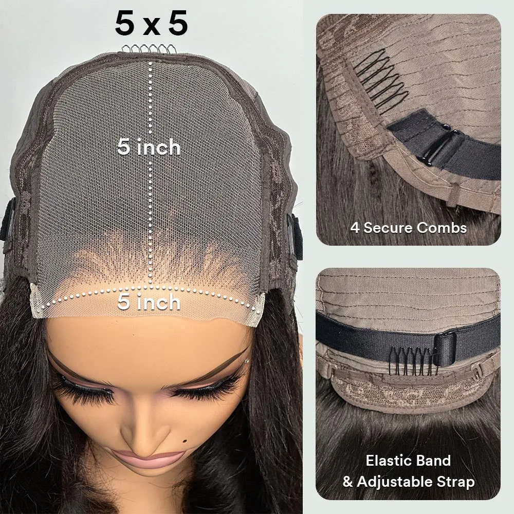Layered Cut 5x5 Closure Wavy Glueless Lace Wig Side Bangs Human Hair