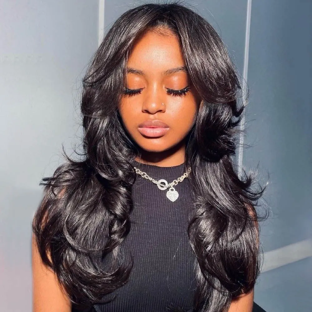 Layered Cut 5x5 Closure Wavy Glueless Lace Wig Side Bangs Human Hair