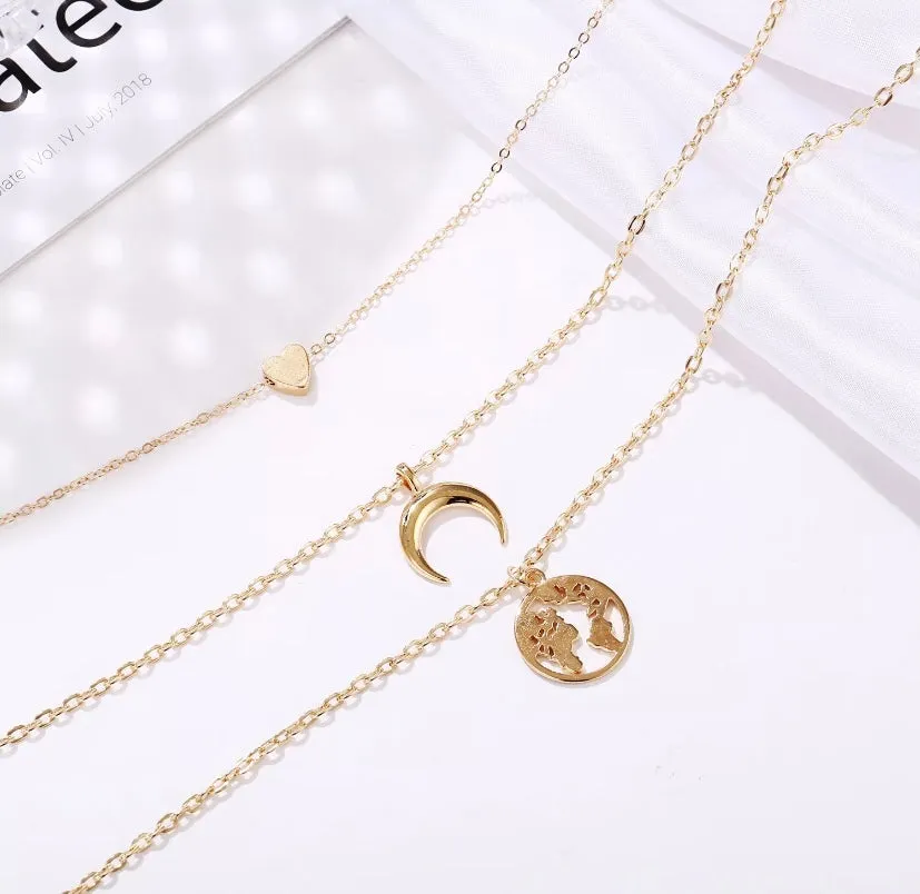 Layered Heart Moon Earth Pendant