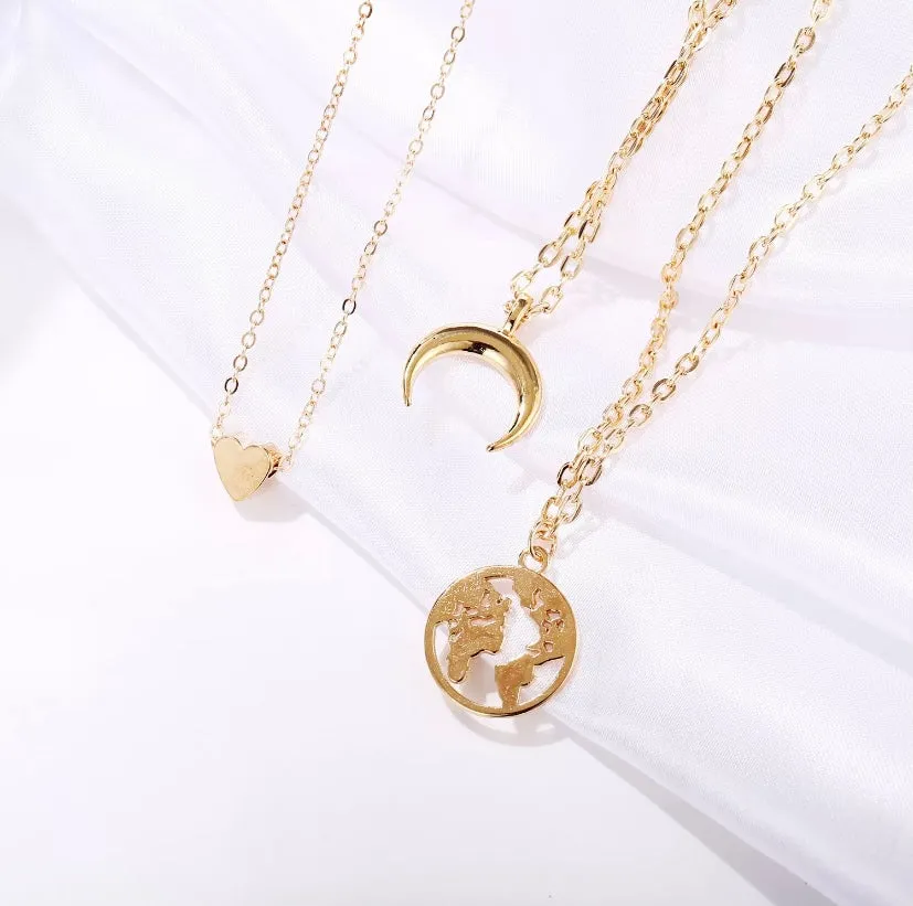 Layered Heart Moon Earth Pendant
