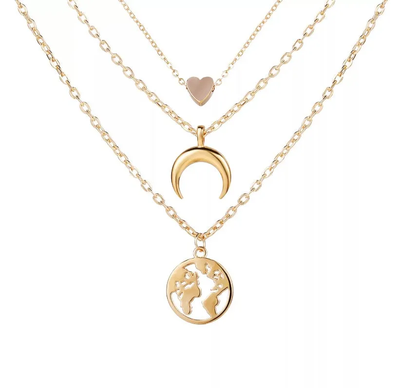 Layered Heart Moon Earth Pendant