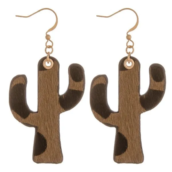 Layered leather cheetah print cactus Earrings