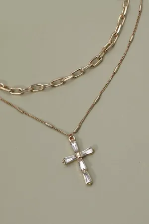 Layered Rhinestone Cross Necklace-Gold