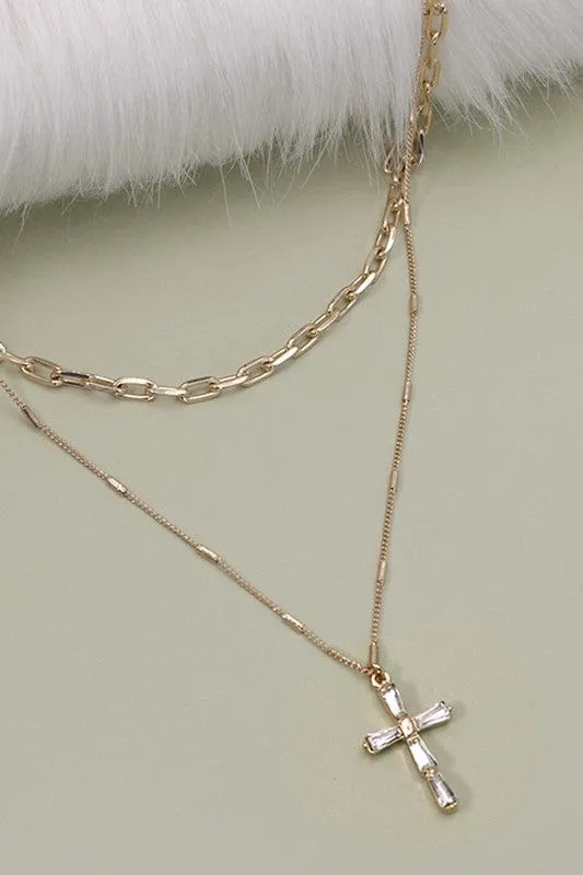 Layered Rhinestone Cross Necklace-Gold