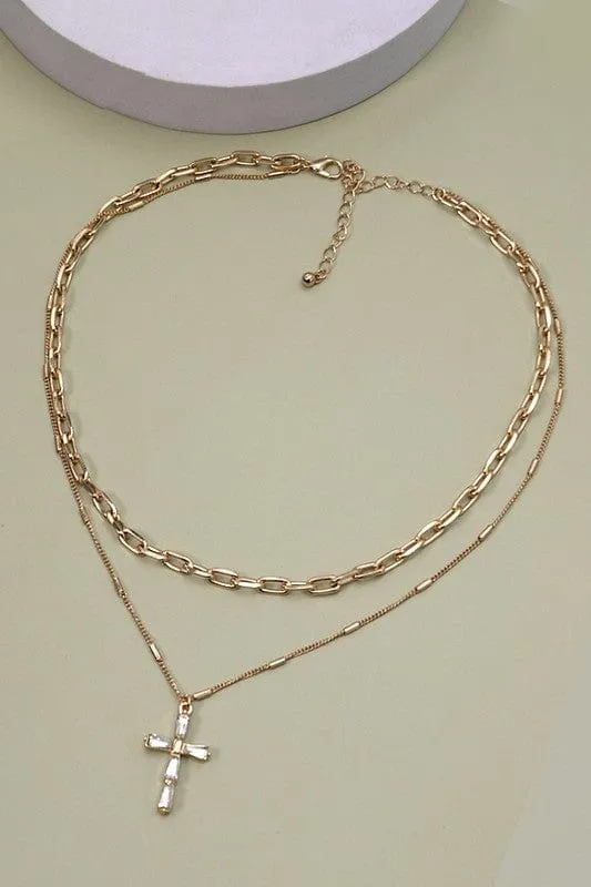 Layered Rhinestone Cross Necklace-Gold