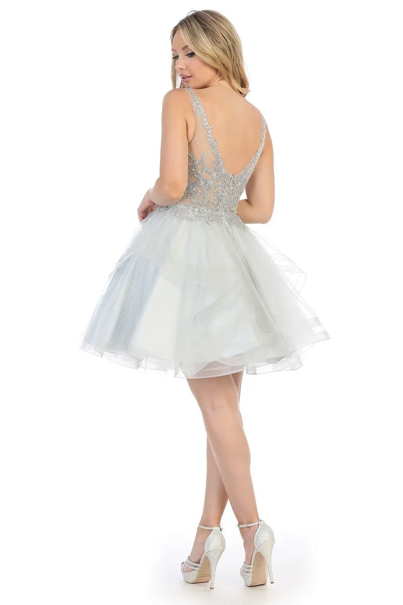 LF 6220 - Glittery Homecoming Dress with V-Neck Lace Applique  & Layered Tulle Skirt