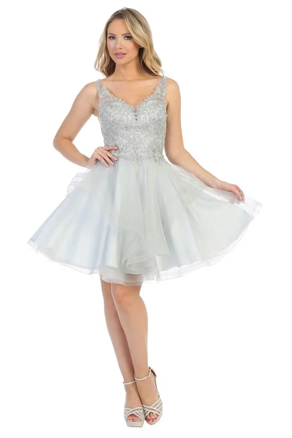 LF 6220 - Glittery Homecoming Dress with V-Neck Lace Applique  & Layered Tulle Skirt