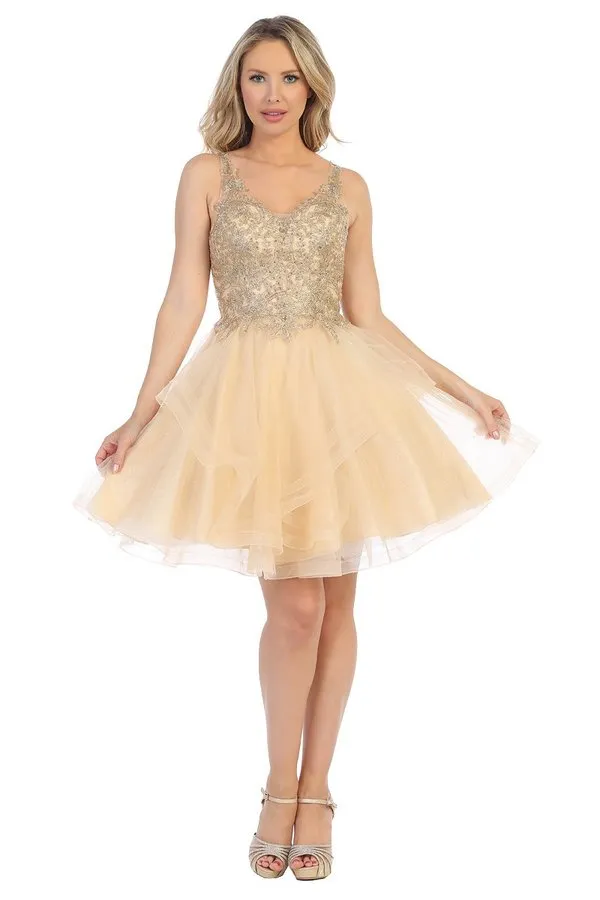 LF 6220 - Glittery Homecoming Dress with V-Neck Lace Applique  & Layered Tulle Skirt