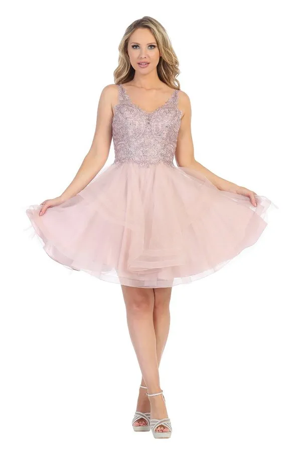 LF 6220 - Glittery Homecoming Dress with V-Neck Lace Applique  & Layered Tulle Skirt