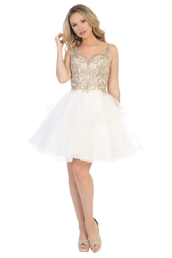 LF 6220 - Glittery Homecoming Dress with V-Neck Lace Applique  & Layered Tulle Skirt