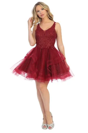 LF 6220 - Glittery Homecoming Dress with V-Neck Lace Applique  & Layered Tulle Skirt