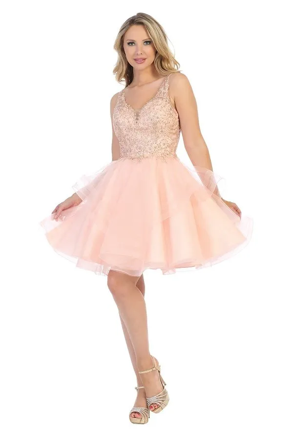 LF 6220 - Glittery Homecoming Dress with V-Neck Lace Applique  & Layered Tulle Skirt