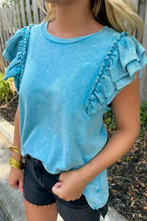 Light Blue Mineral Wash Frilled Trim Round Neck T Shirt