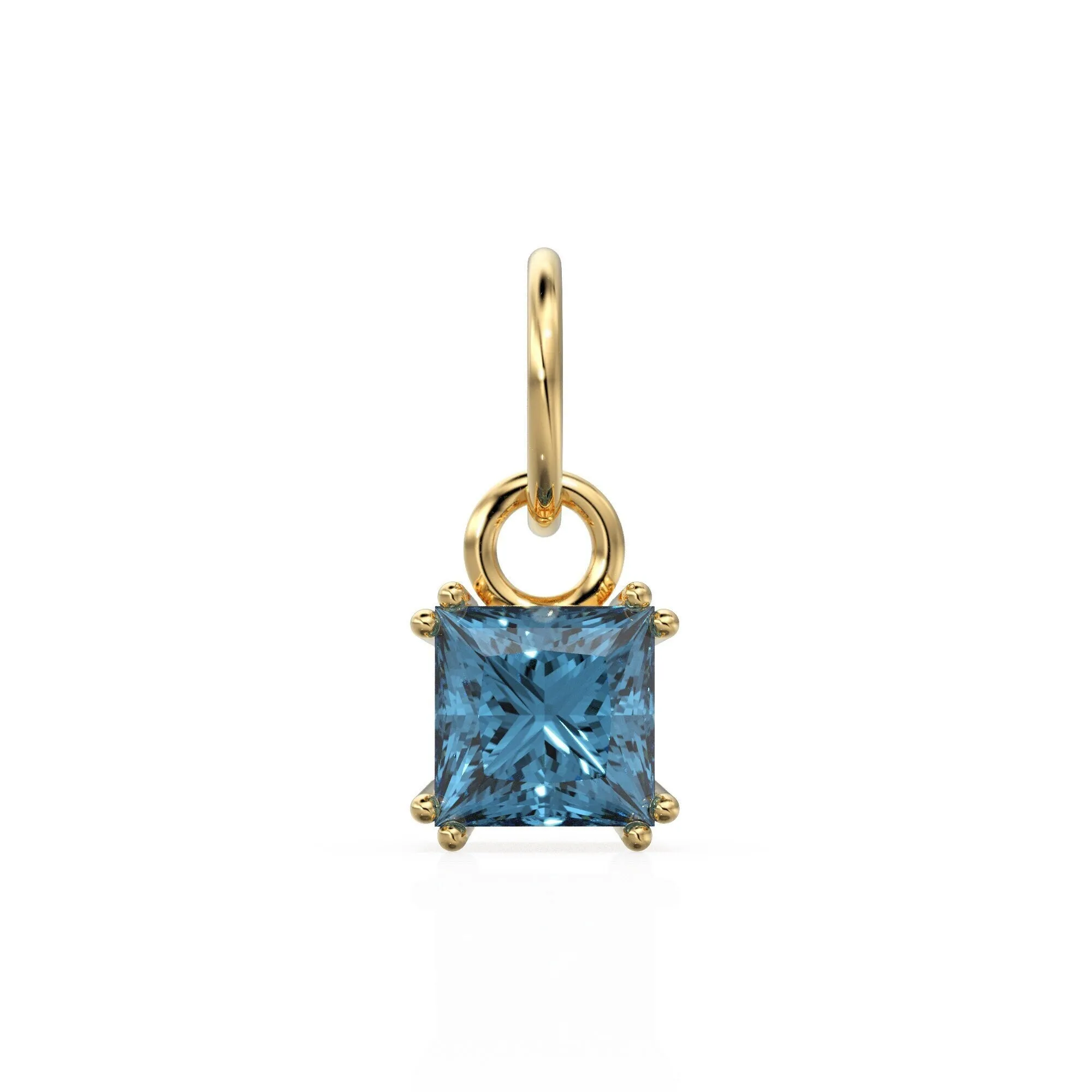 London Blue Topaz Princess Cut Solid Gold Charm / Blue Gemstone Handmade 18k Gold Pendant / 14k Solid Gold December Jewelry Making Findings