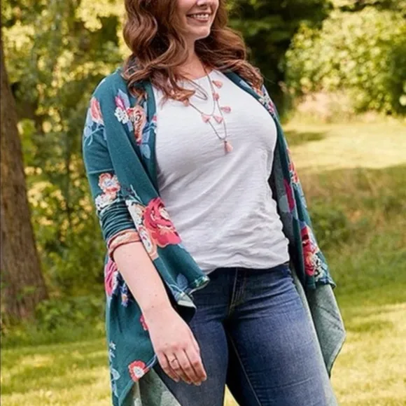 MATILDA JANE Cozy Days Teal Floral Open Front Waterfall Cardigan