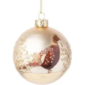 Matte Painted Glass Ball with Partridge and Glittered Gold Leaf Ornament
