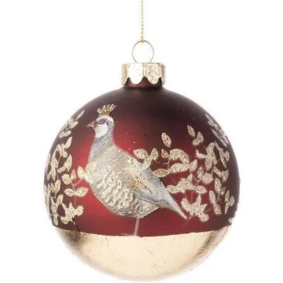 Matte Painted Glass Ball with Partridge and Glittered Gold Leaf Ornament