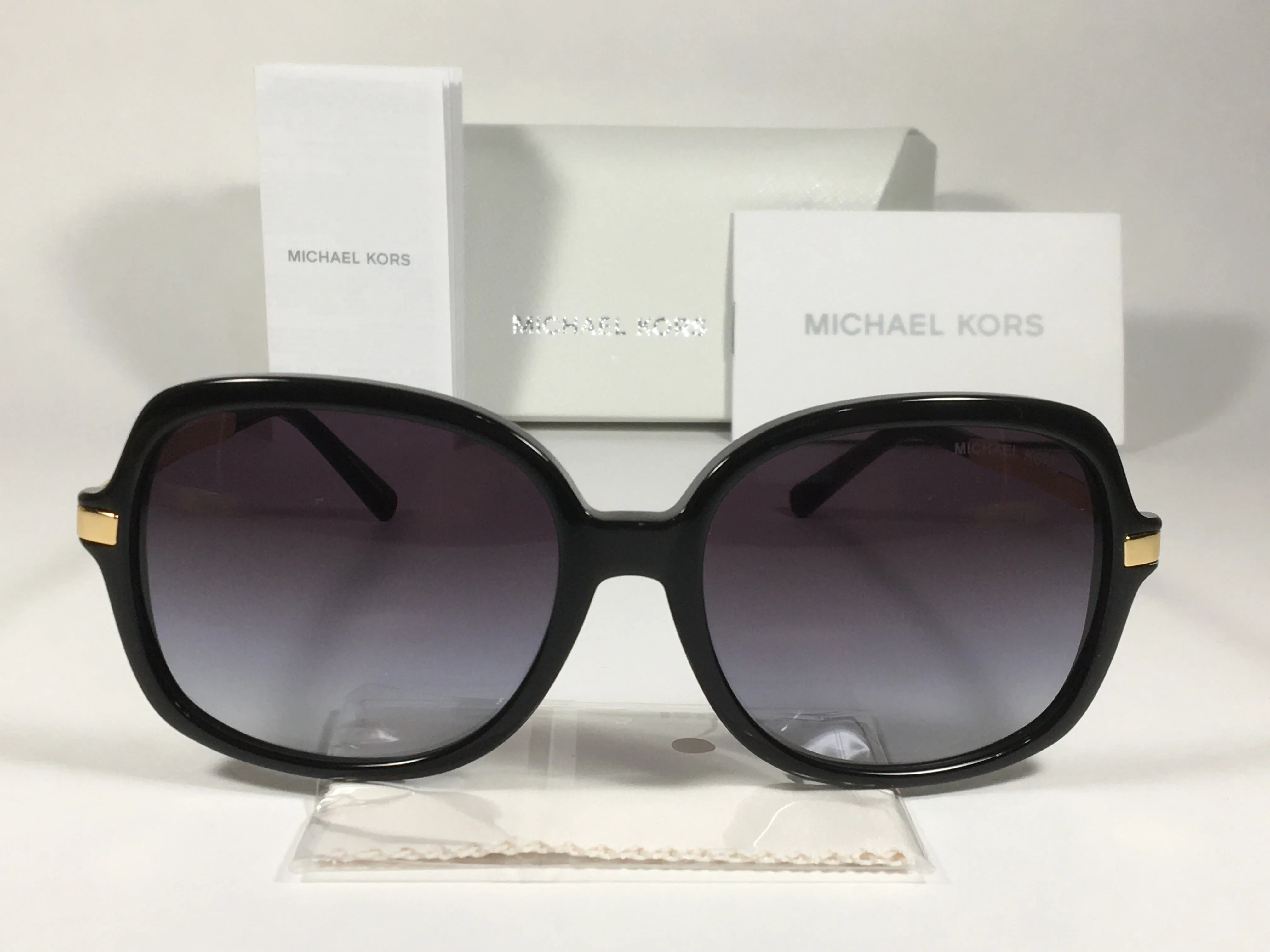 Michael Kors Adrianna II Square Sunglasses Shiny Black Gold Gray Gradient Lens MK-2024
