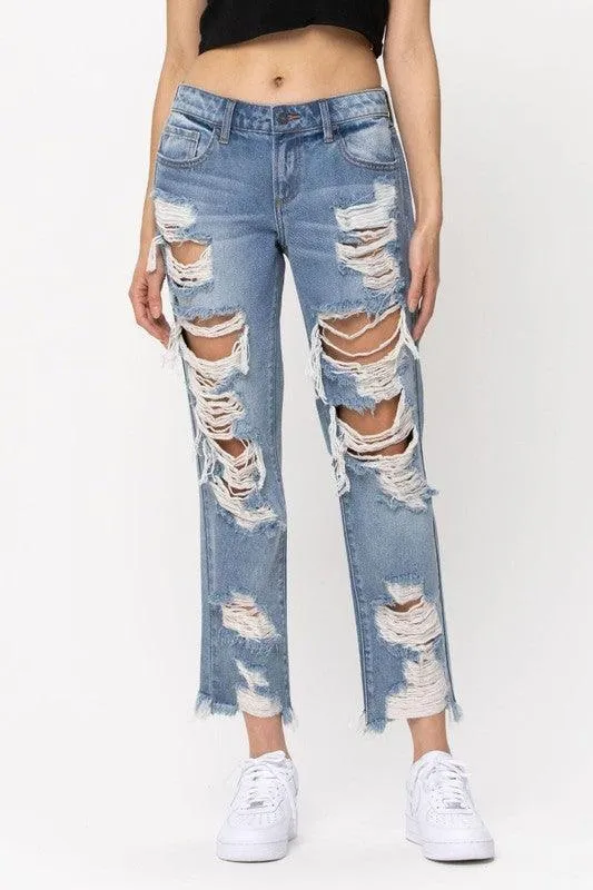 MID RISE HEAVEY DESTROY BOYFRIEND JEANS