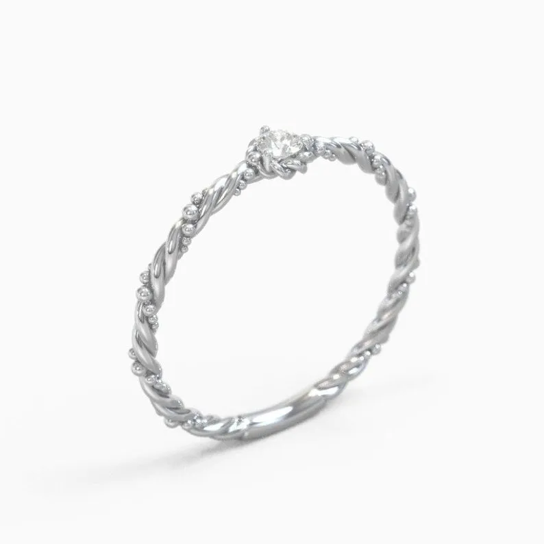 Moissanite engagement ring, white gold modern twisted band, with beads ring, adjustable ring, stackable ring, Eternity Infinity band, gifts